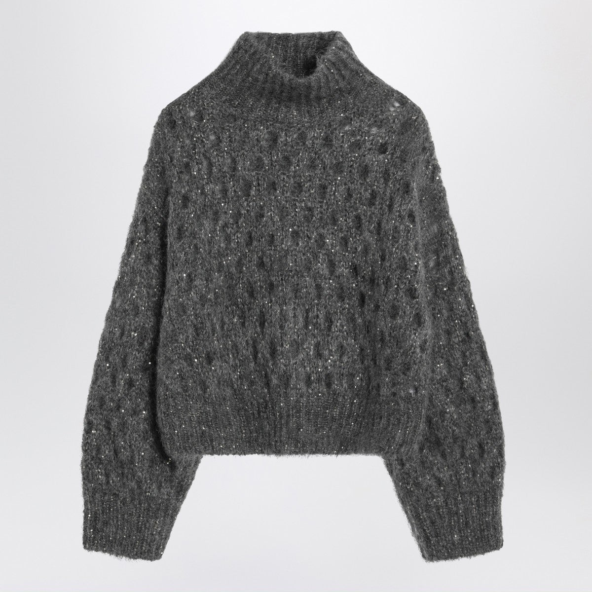 Brunello Cucinelli Grey openwork turtleneck sweater